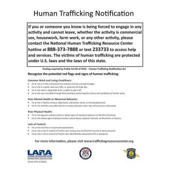 Michigan Human Trafficking Notification Poster